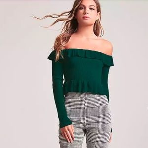 F21 Off-the-Shoulder Crop Top Medium Hunter Green